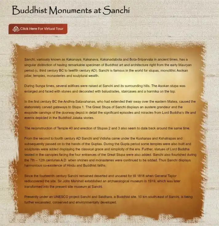Historical information poster about Buddhist Monuments at Sanchi, describing stupas, temples, and conservation efforts.