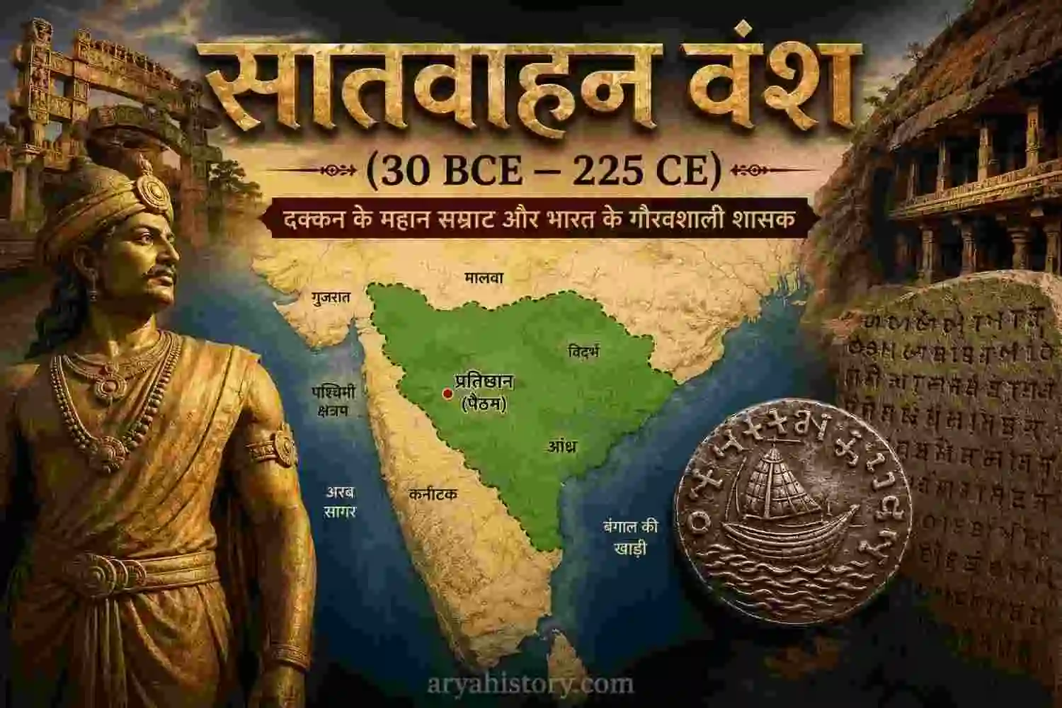 सातवाहन वंश का मानचित्र, शासक, सिक्का और साम्राज्य का ऐतिहासिक चित्र