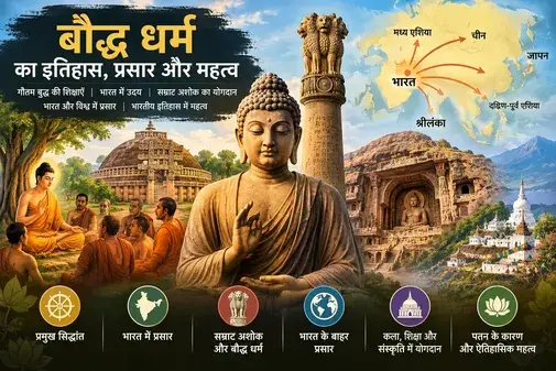 बौद्ध धर्म का इतिहास और प्रसार दर्शाती तस्वीर, जिसमें गौतम बुद्ध, साँची स्तूप, अशोक स्तंभ, बौद्ध गुफाएँ और एशिया में बौद्ध धर्म का प्रसार दिखाया गया है।